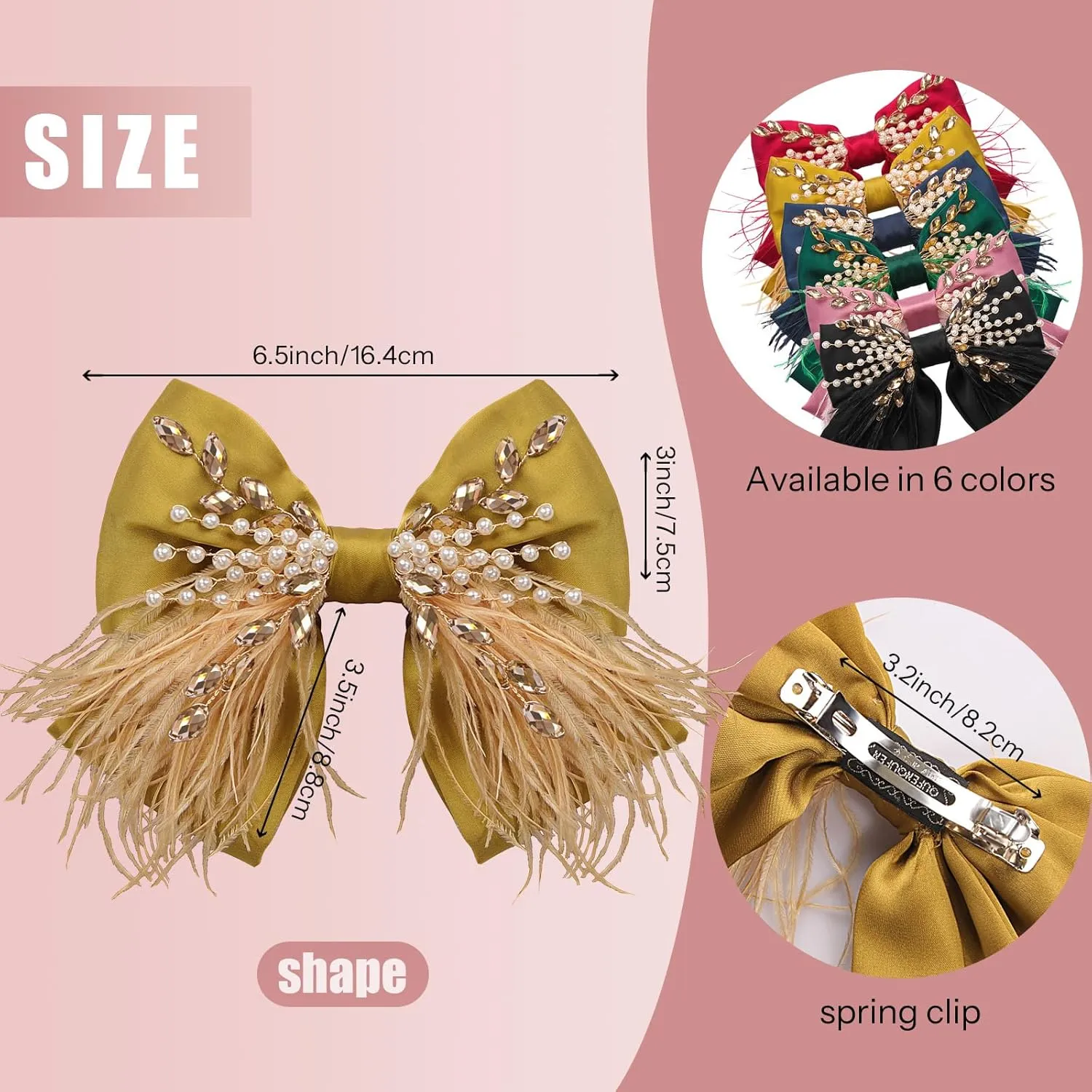 CROWN GUIDE Large Hair Bows Clips for Women Girls Silk Satin Hair Barrettes, Feather Coquette Bows Hair Ties Ribbon Bow Claw Clip Hair Accessories with Pearl Crystal Yellow