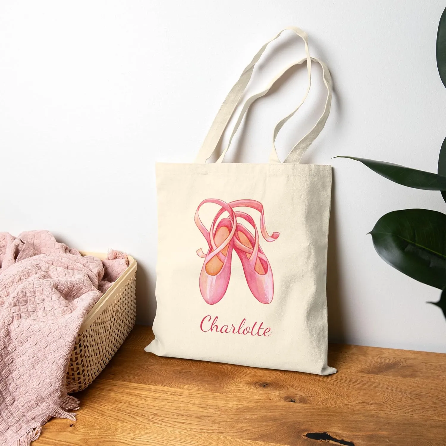 Custom Girls Pink Dancing Shoes Tote Bag, Ballet Dance Shoes Bag for Little Dancers, Kids Woman Fashion Accessory, 15" x 16"