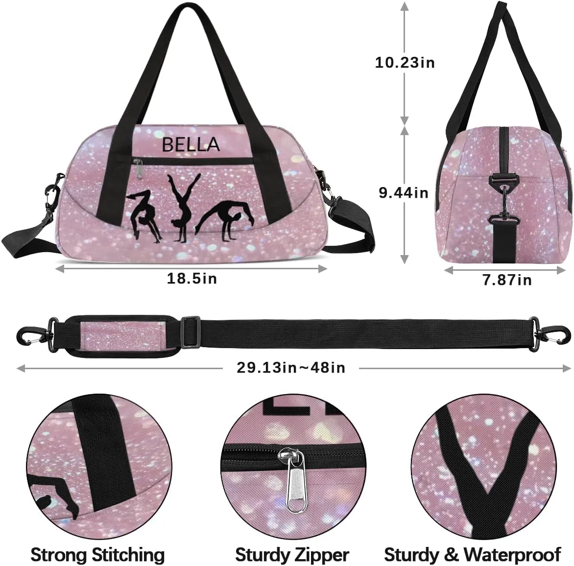 Custom Kids Sports Duffel Bag Pink Glitter Gymnastics Dancer Personalized Dance Gym Bag for Boys Girls Lightweight Weekender Travel Duffle Cheer Bag