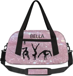 Custom Kids Sports Duffel Bag Pink Glitter Gymnastics Dancer Personalized Dance Gym Bag for Boys Girls Lightweight Weekender Travel Duffle Cheer Bag