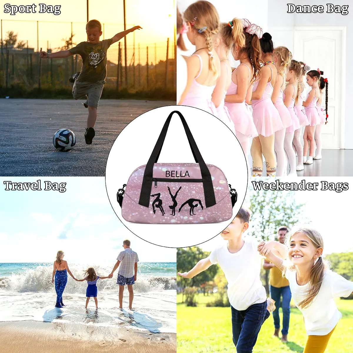 Custom Kids Sports Duffel Bag Pink Glitter Gymnastics Dancer Personalized Dance Gym Bag for Boys Girls Lightweight Weekender Travel Duffle Cheer Bag