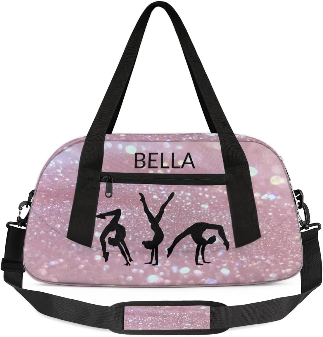 Custom Kids Sports Duffel Bag Pink Glitter Gymnastics Dancer Personalized Dance Gym Bag for Boys Girls Lightweight Weekender Travel Duffle Cheer Bag