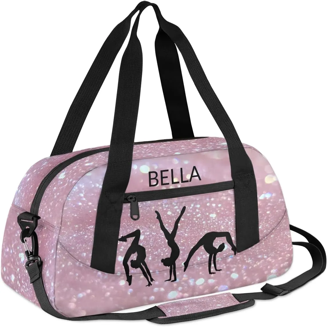 Custom Kids Sports Duffel Bag Pink Glitter Gymnastics Dancer Personalized Dance Gym Bag for Boys Girls Lightweight Weekender Travel Duffle Cheer Bag