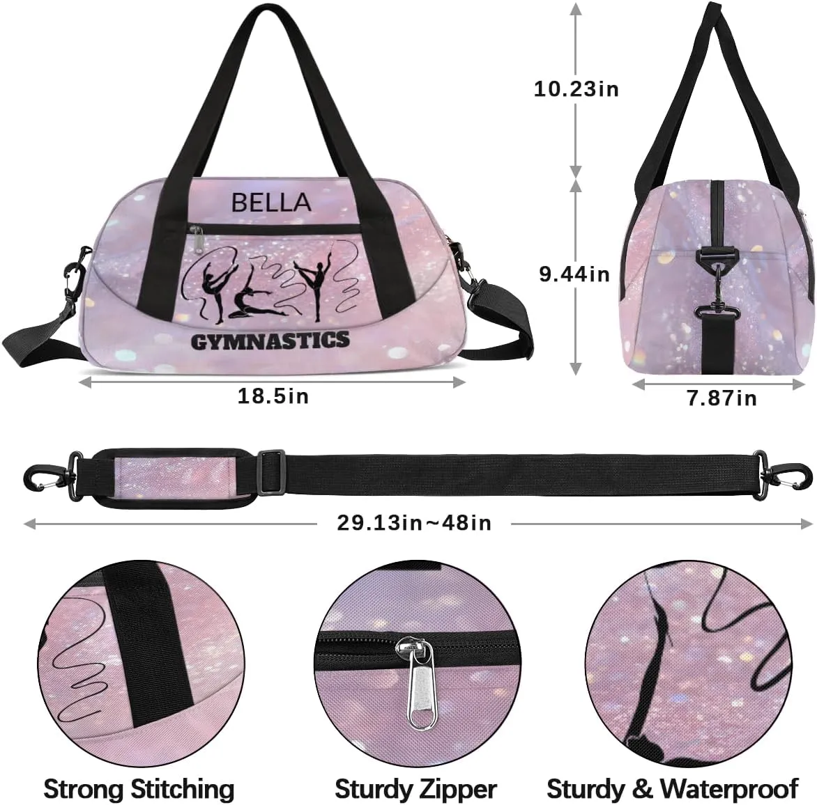 Custom Kids Sports Duffel Bag Pink Glitter Print Ballet Personalized Dance Gym Bag for Boys Girls Lightweight Weekender Travel Duffle Cheer Bag