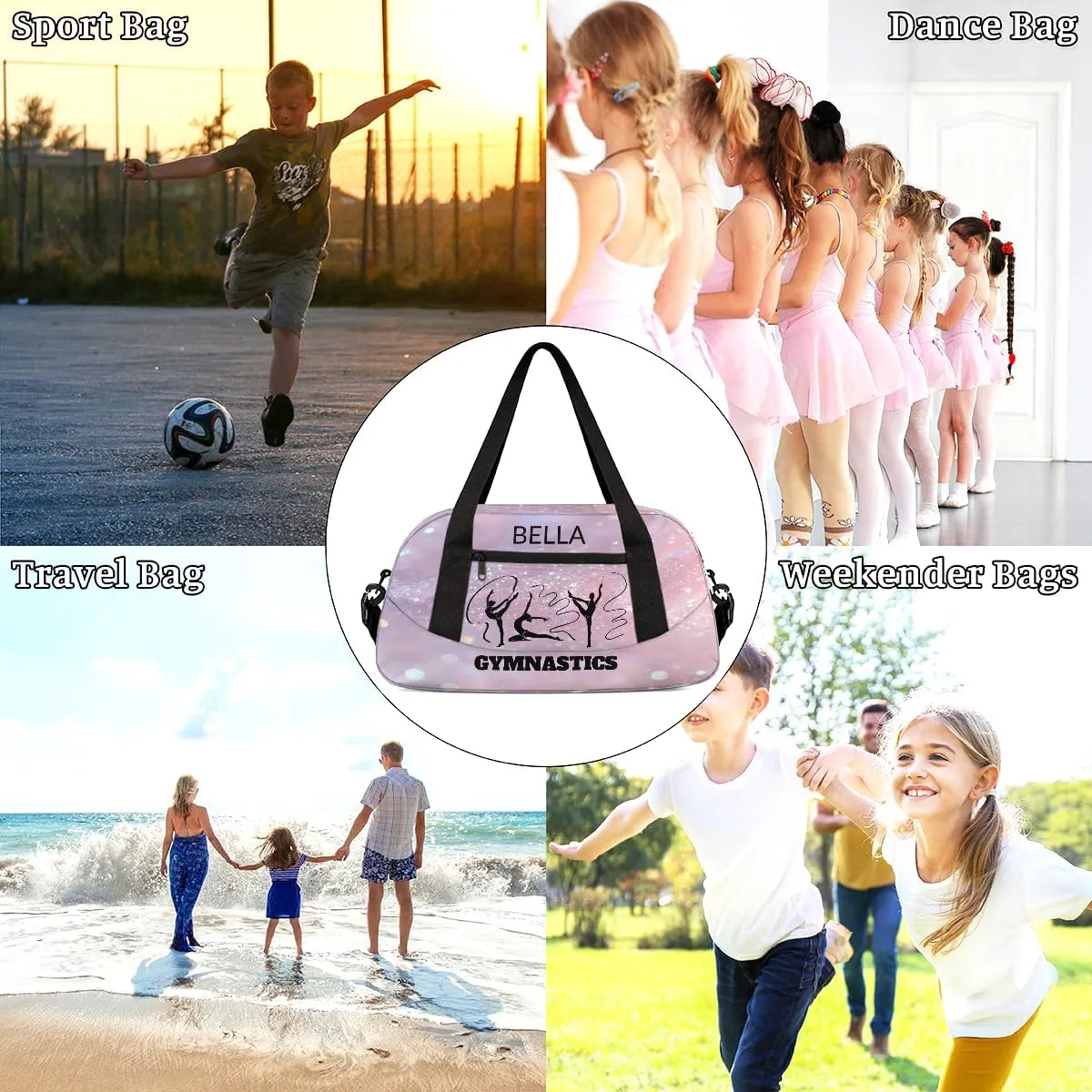 Custom Kids Sports Duffel Bag Pink Glitter Print Ballet Personalized Dance Gym Bag for Boys Girls Lightweight Weekender Travel Duffle Cheer Bag