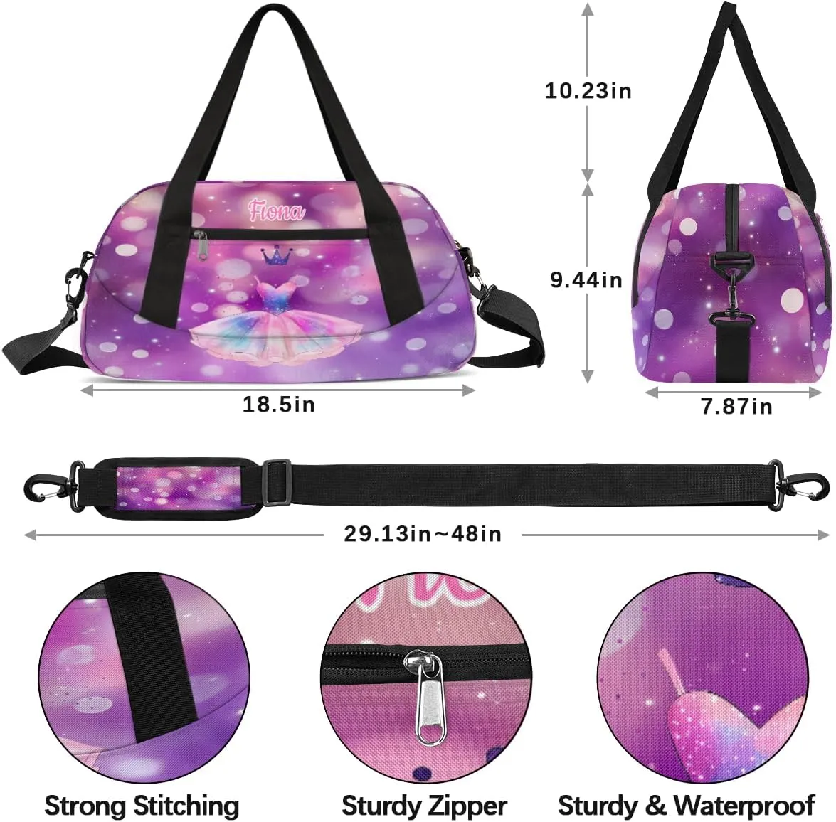 Custom Kids Sports Duffel Bag Pink Purple Bokeh Polka Dots Ballet Dress Personalized Dance Gym Bag for Boys Girls Lightweight Weekender Travel Duffle Cheer Bag