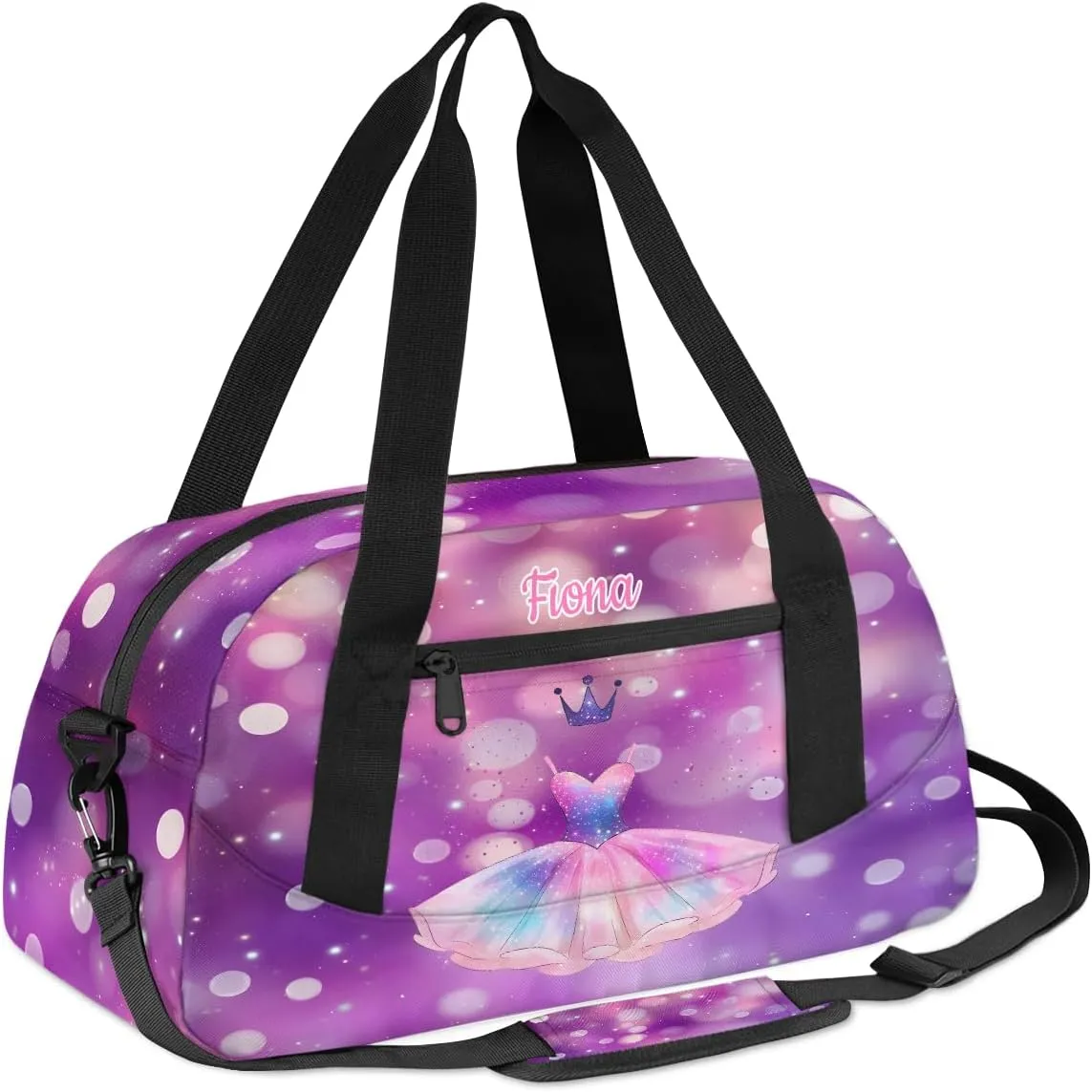 Custom Kids Sports Duffel Bag Pink Purple Bokeh Polka Dots Ballet Dress Personalized Dance Gym Bag for Boys Girls Lightweight Weekender Travel Duffle Cheer Bag