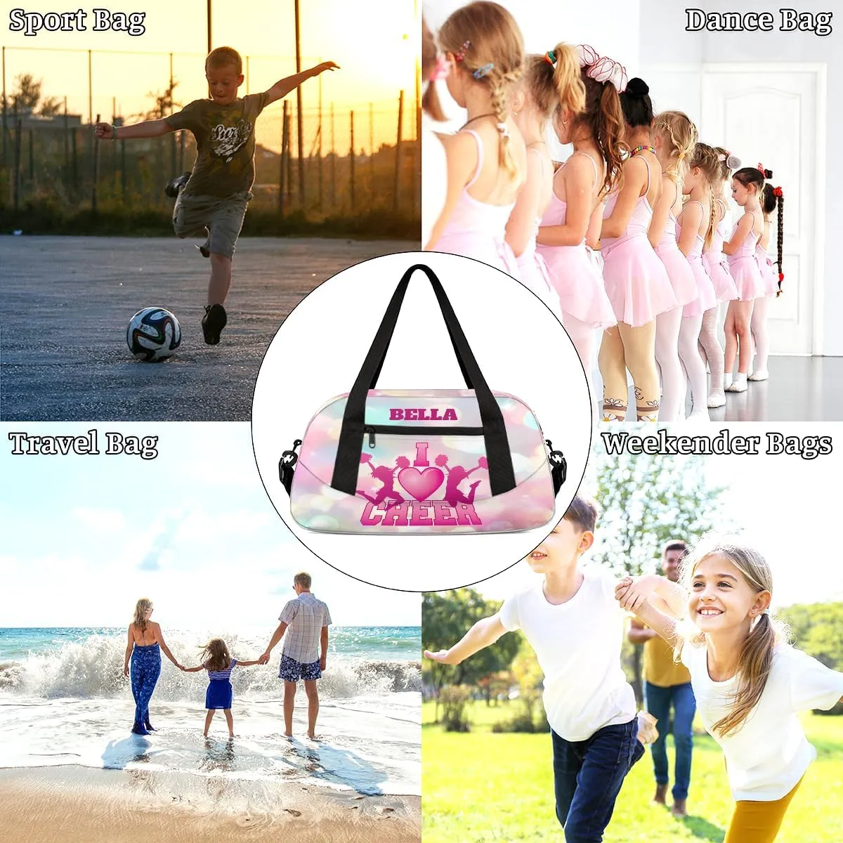 Custom Kids Sports Duffel Bag Rainbow Pink Polka Dots Cheer Personalized Dance Gym Bag for Boys Girls Lightweight Weekender Travel Duffle Cheer Bag