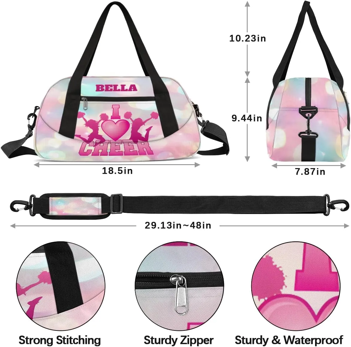 Custom Kids Sports Duffel Bag Rainbow Pink Polka Dots Cheer Personalized Dance Gym Bag for Boys Girls Lightweight Weekender Travel Duffle Cheer Bag