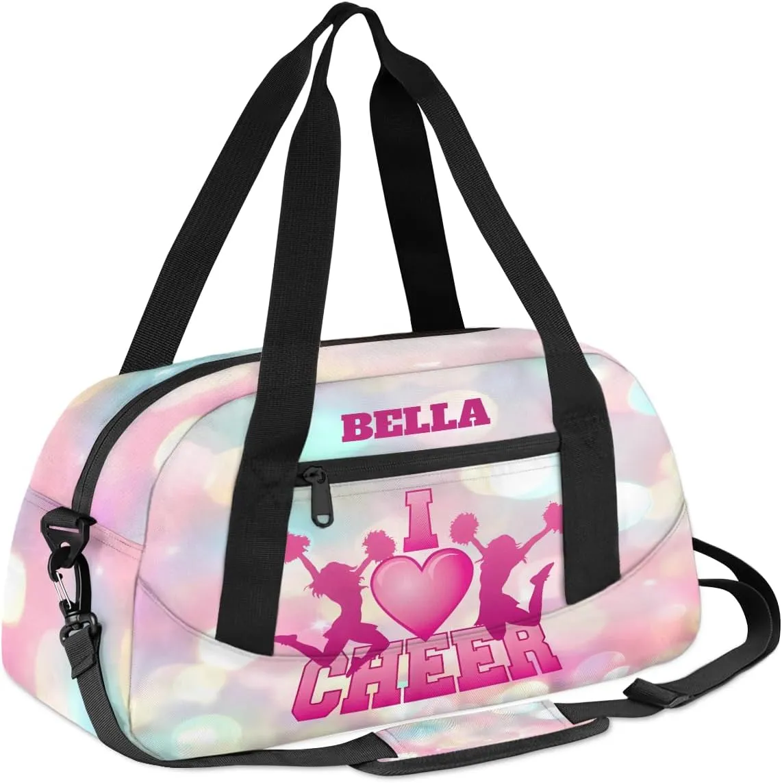 Custom Kids Sports Duffel Bag Rainbow Pink Polka Dots Cheer Personalized Dance Gym Bag for Boys Girls Lightweight Weekender Travel Duffle Cheer Bag