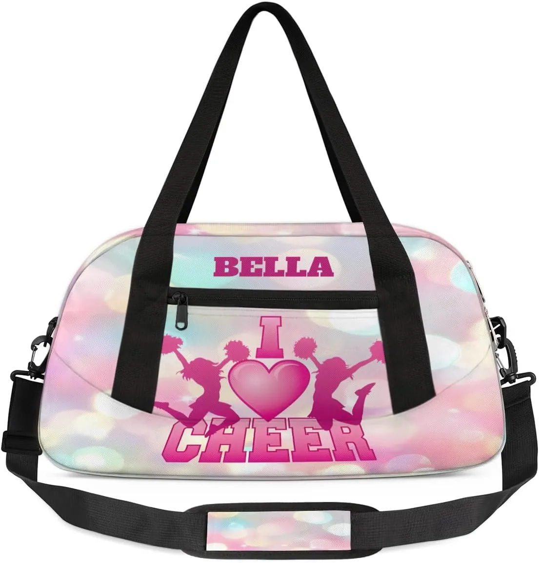 Custom Kids Sports Duffel Bag Rainbow Pink Polka Dots Cheer Personalized Dance Gym Bag for Boys Girls Lightweight Weekender Travel Duffle Cheer Bag