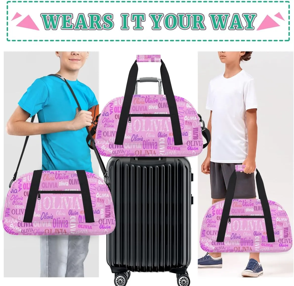 Custom Name Gymnastics Bag, Custom Name Sport Cheerleader Bag, Barrel Duffel Bag Women Men, Pink Color