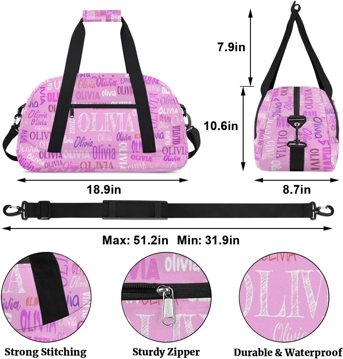 Custom Name Gymnastics Bag, Custom Name Sport Cheerleader Bag, Barrel Duffel Bag Women Men, Pink Color