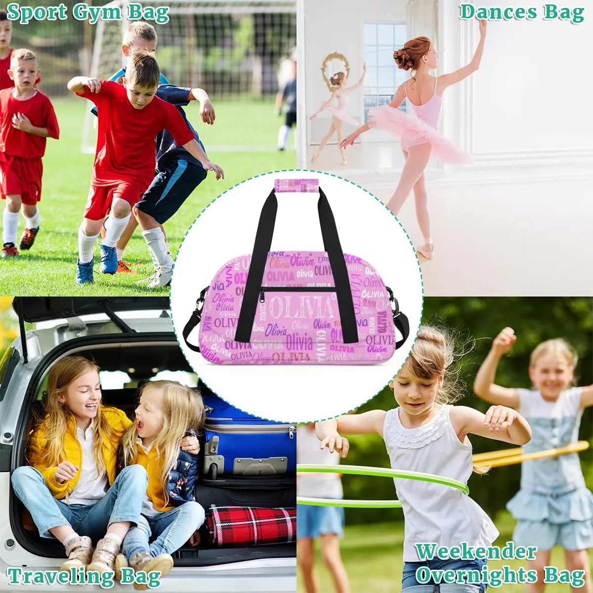 Custom Name Gymnastics Bag, Custom Name Sport Cheerleader Bag, Barrel Duffel Bag Women Men, Pink Color
