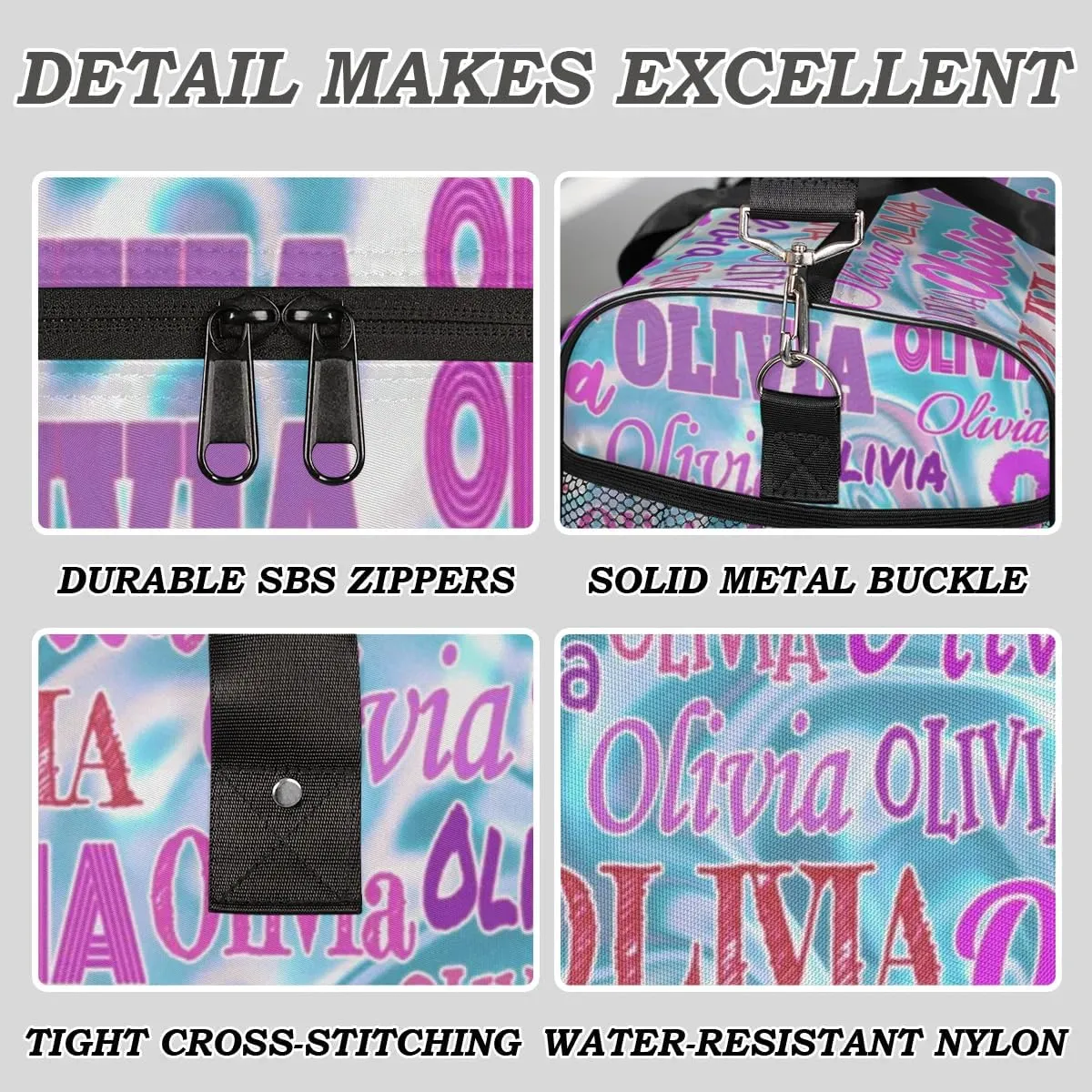 Custom Pink Names Dance Gym Bag, Personalized Dance Sport Duffel Gymnastics Bag Travel Weekender Outdoor Tote Carry-On Bag, Water Blue 3D Effect