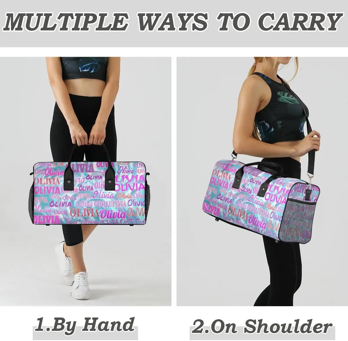 Custom Pink Names Dance Gym Bag, Personalized Dance Sport Duffel Gymnastics Bag Travel Weekender Outdoor Tote Carry-On Bag, Water Blue 3D Effect