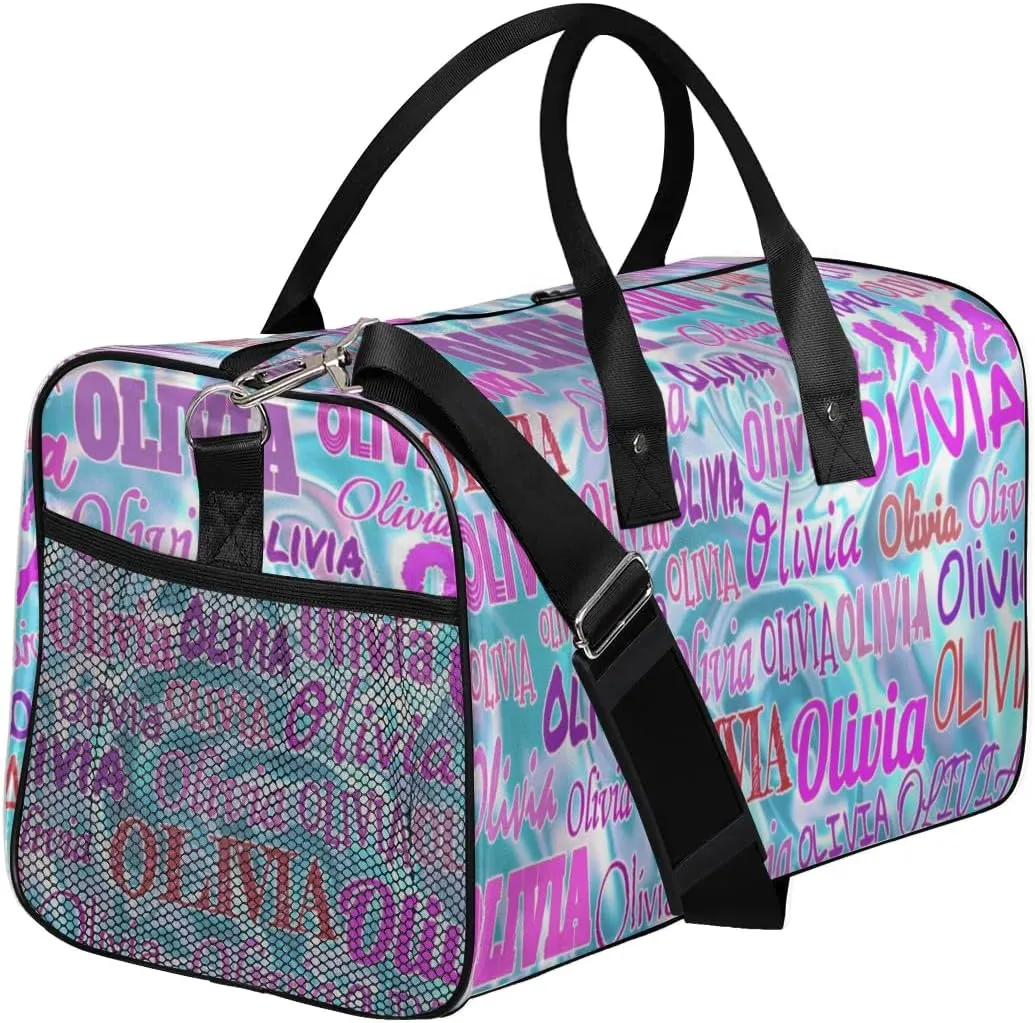 Custom Pink Names Dance Gym Bag, Personalized Dance Sport Duffel Gymnastics Bag Travel Weekender Outdoor Tote Carry-On Bag, Water Blue 3D Effect