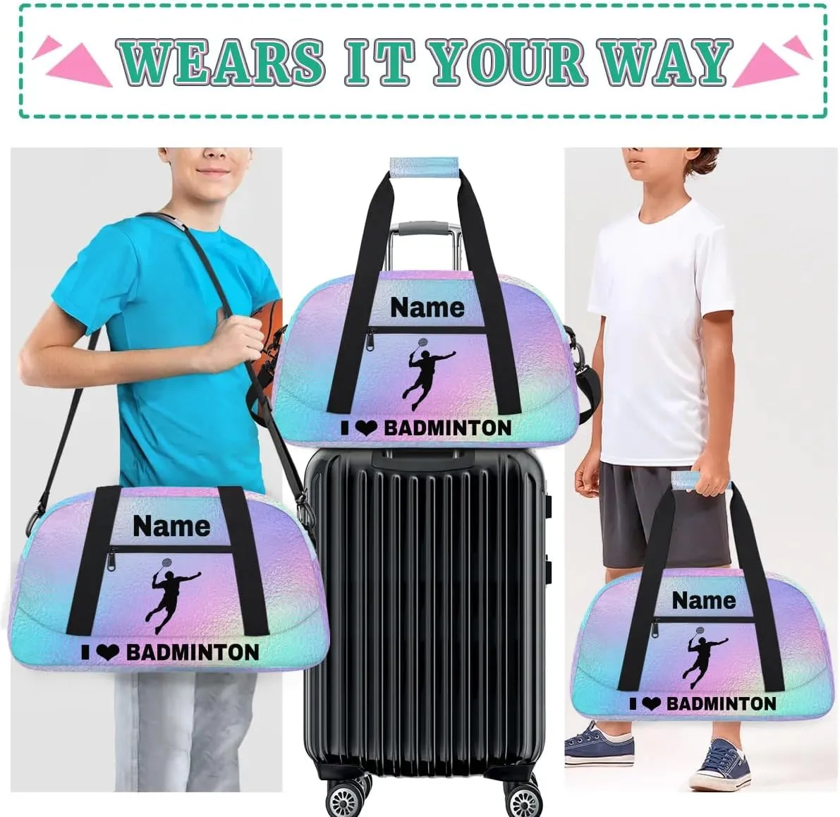 Custom Sport Duffel Bag Badminton Personalized Name Sports Bag Overnight Weekender Bag Waterproof Travel Sport Gym Bags, Gradient Blue Purple
