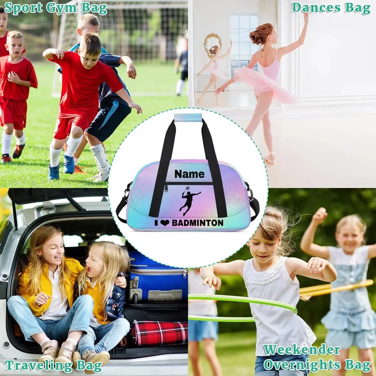 Custom Sport Duffel Bag Badminton Personalized Name Sports Bag Overnight Weekender Bag Waterproof Travel Sport Gym Bags, Gradient Blue Purple