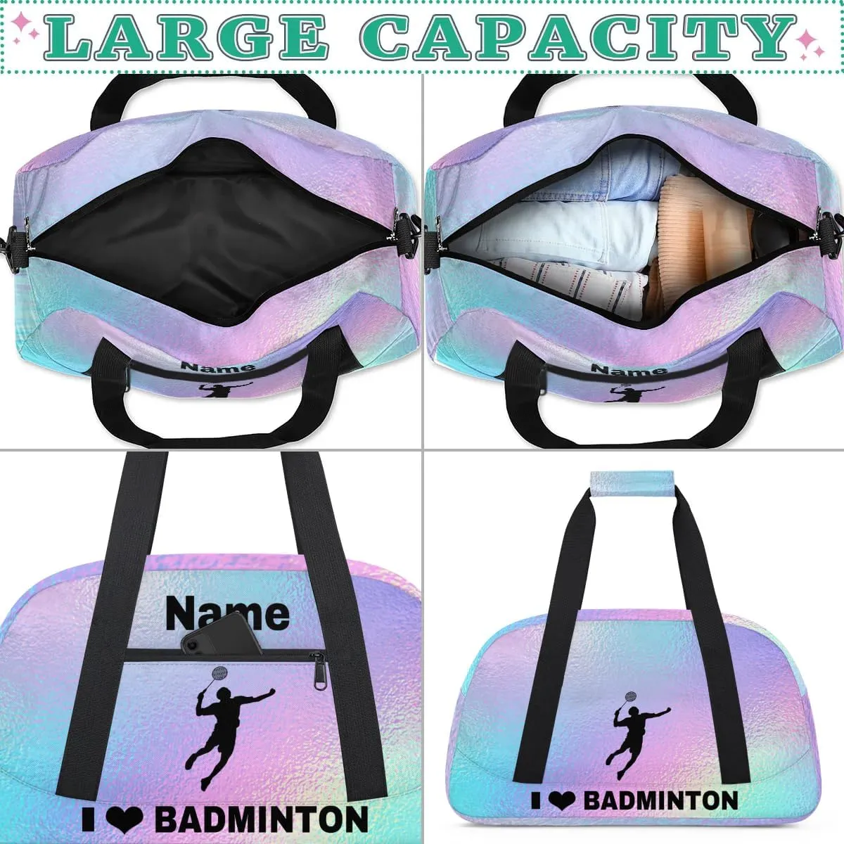 Custom Sport Duffel Bag Badminton Personalized Name Sports Bag Overnight Weekender Bag Waterproof Travel Sport Gym Bags, Gradient Blue Purple