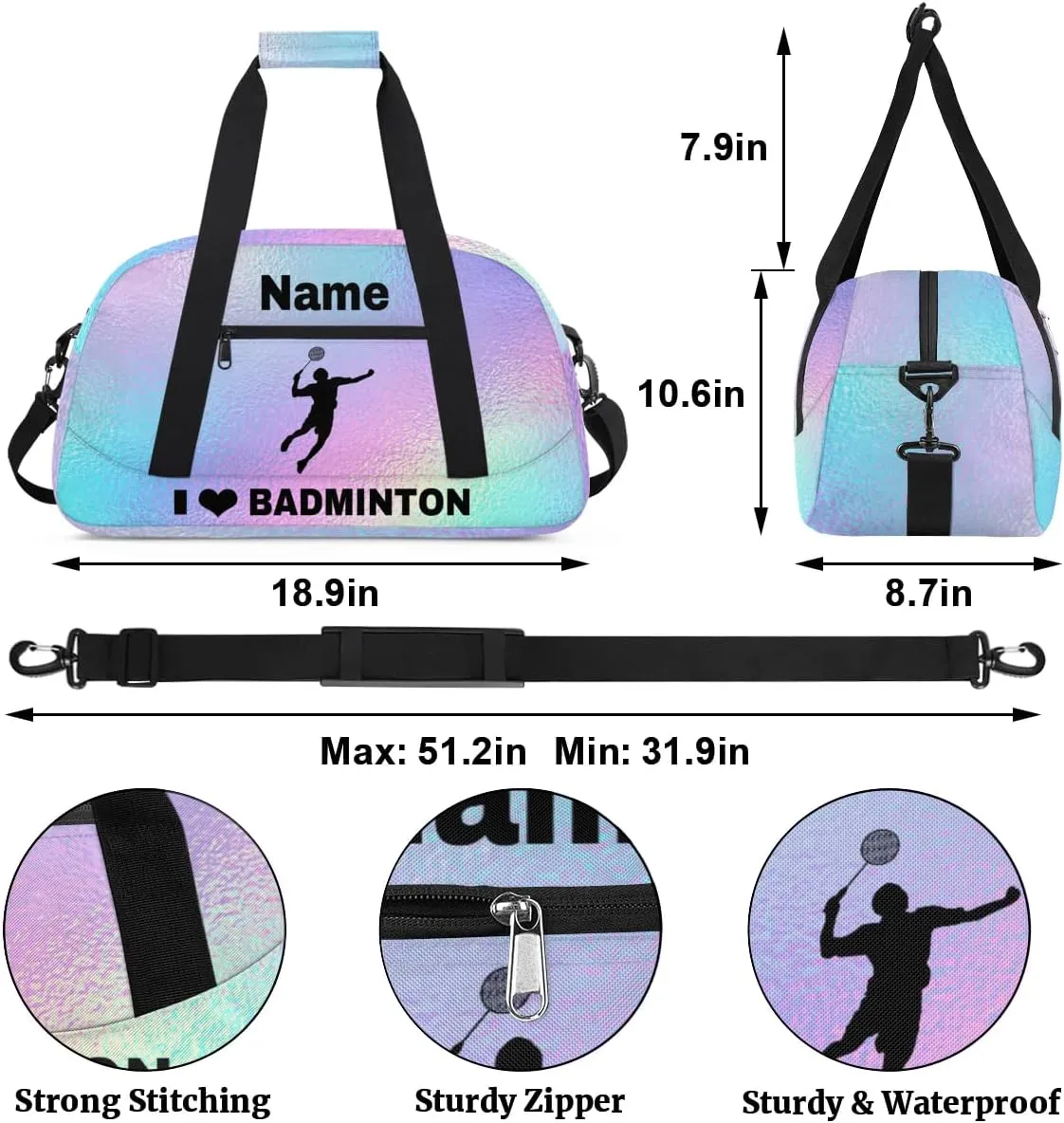 Custom Sport Duffel Bag Badminton Personalized Name Sports Bag Overnight Weekender Bag Waterproof Travel Sport Gym Bags, Gradient Blue Purple
