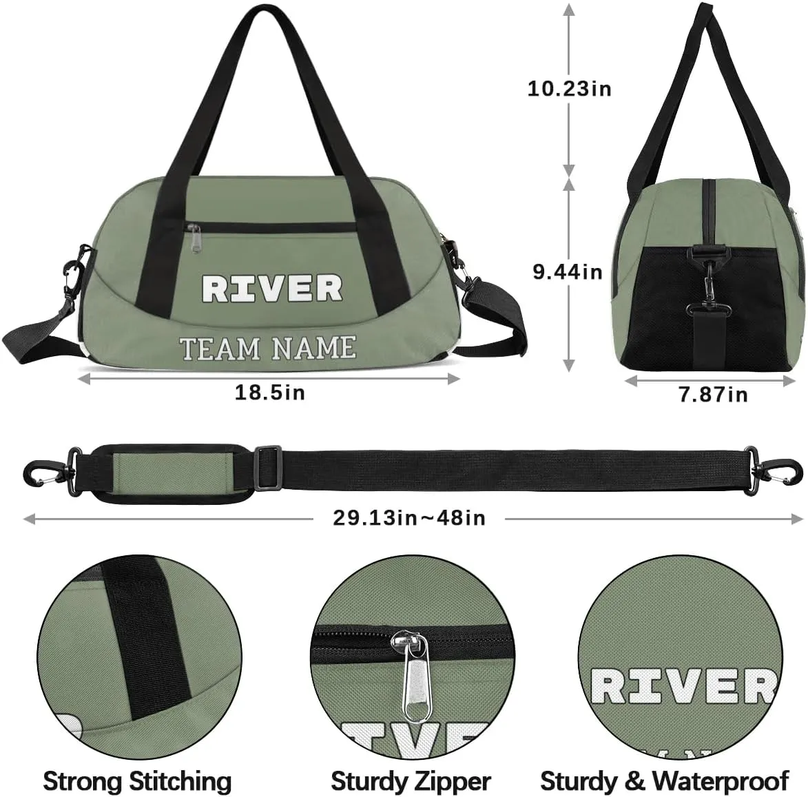 Custom Sport Gym Bag, Personalized Name and Team Name Overnight Duffel Bag for Boys Girls Dance Weekender Bags Travel Tote Bag, Army Green