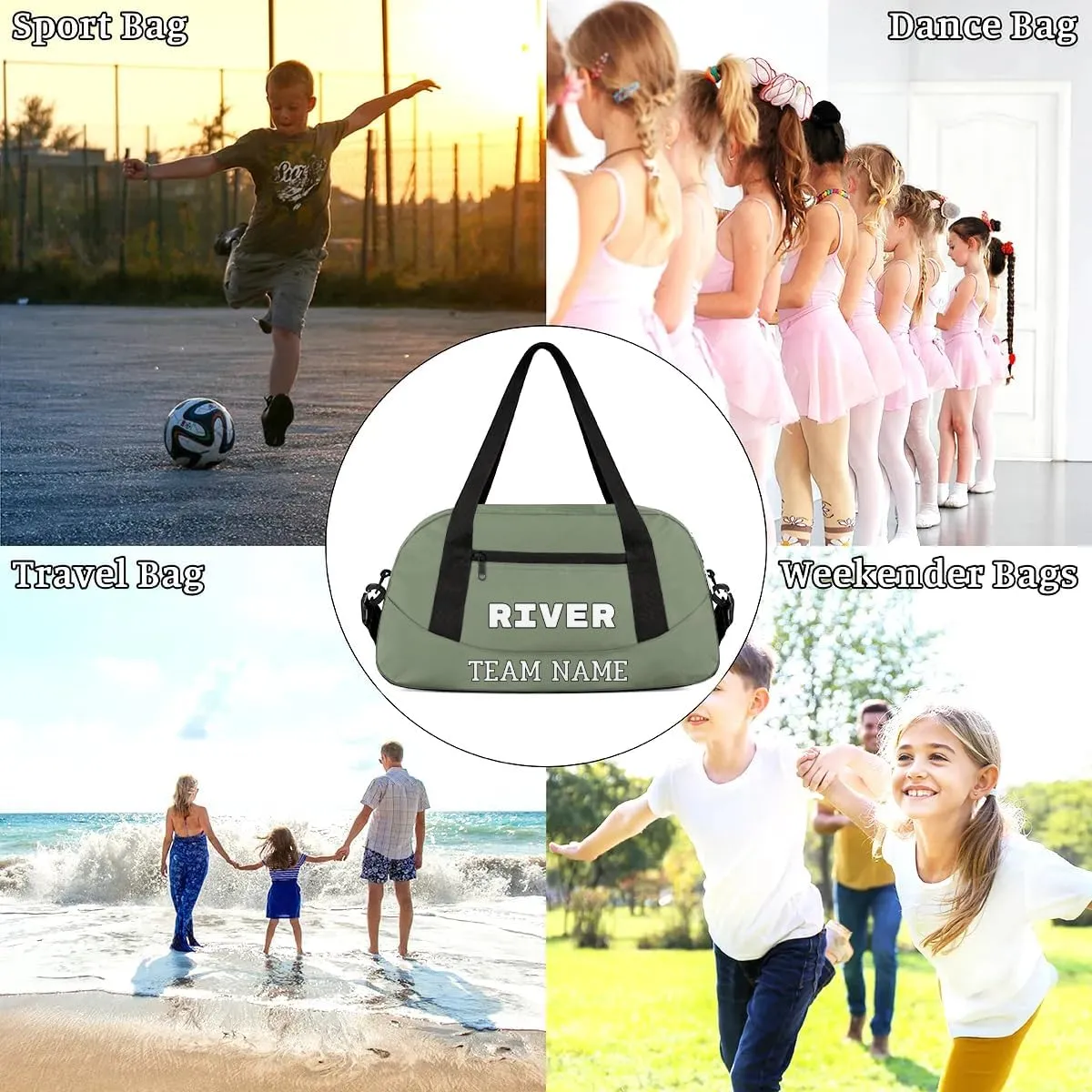 Custom Sport Gym Bag, Personalized Name and Team Name Overnight Duffel Bag for Boys Girls Dance Weekender Bags Travel Tote Bag, Army Green