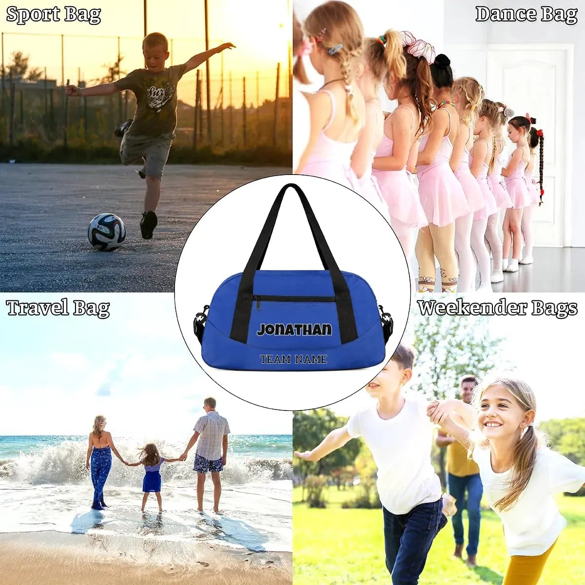 Custom Sport Gym Bag, Personalized Name and Team Name Overnight Duffel Bag for Boys Girls Dance Weekender Bags Travel Tote Bag, Blue A