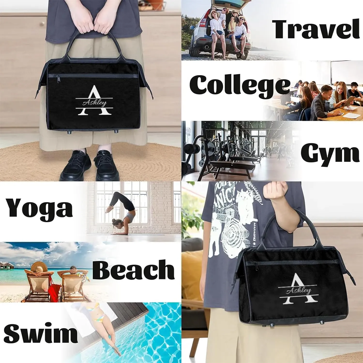 Custom Sports Duffel Bag Personalized Name Dance Gym Bag for Women Men Overnight Weekender Travel Duffel Bags Lightweight 15.2in, Pure Black