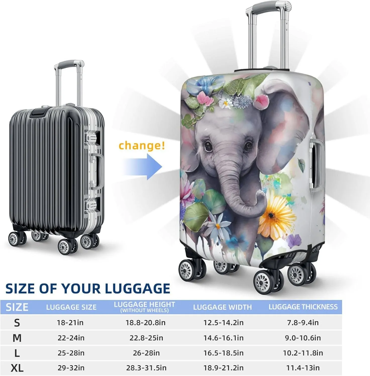 Cute Baby Elephant Travel Luggage Cover Fits 18-32 Inch Luggage, Stretch Suitcase Cover Protector with Concealed Zipper for Wheeled Suitcase Travel Accessories