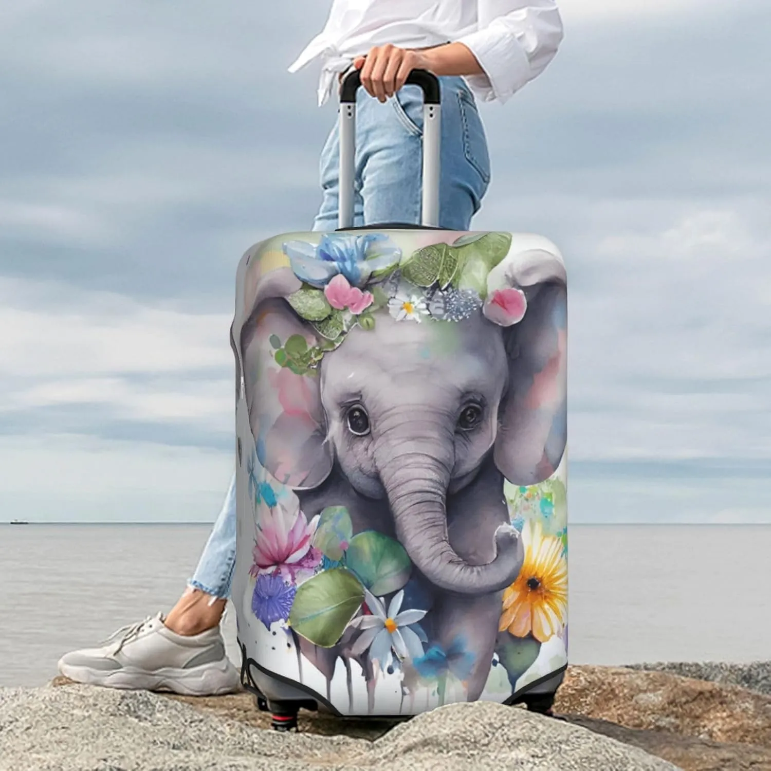 Cute Baby Elephant Travel Luggage Cover Fits 18-32 Inch Luggage, Stretch Suitcase Cover Protector with Concealed Zipper for Wheeled Suitcase Travel Accessories