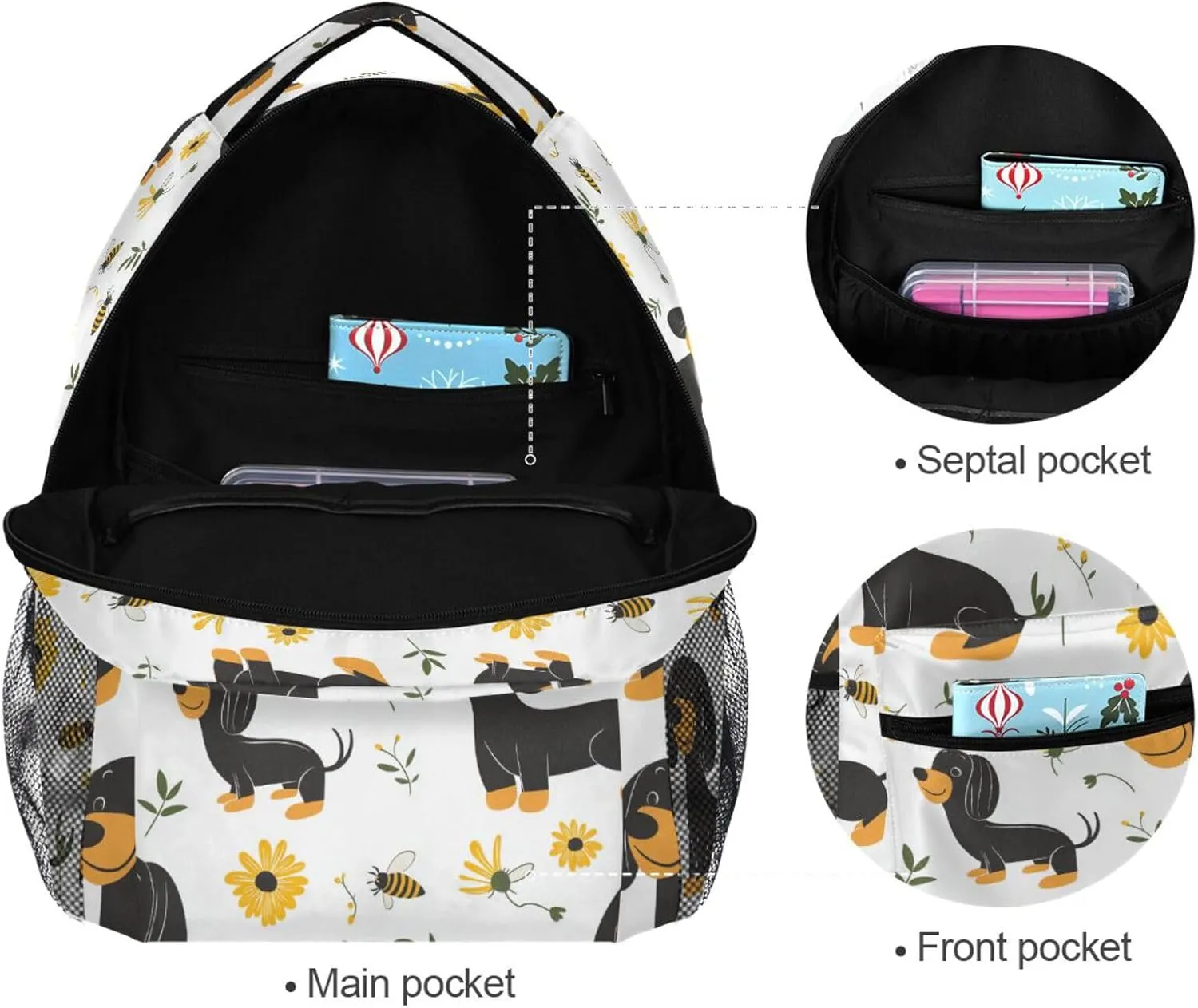 Cute Backpack for Men Women Fashion Travel Laptop Backpack with Chest Strap for College Work Cartoon Cute Dachshund Dog White