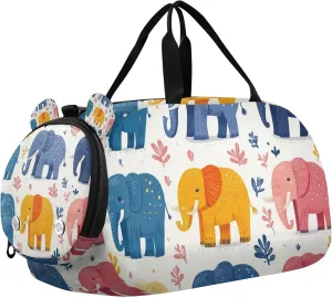 Cute Cartoon Mammoth Duffle Bag for Toddler Boys Girls, Gym Sports Bag with Shoe Compartments, Kids Travel Overnight Weekender Shoulder Bag