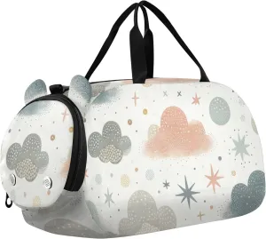 Cute Clouds Stars Duffle Bag for Girl, Sports Duffle Gym Bags with Shoe Compartment, Personalized Overnight Bag Travel Weekender for Kids