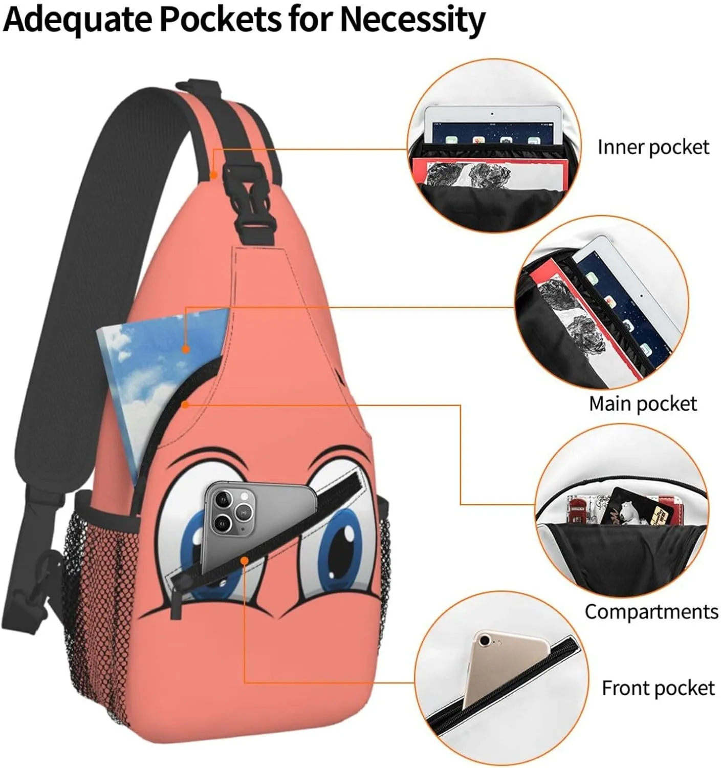 Cute Funny Cartoon Sketch Eyes Crossbody Bag Cross Chest Bag Adjustable Sling Backpack Sports Gym Shoulder Bags Travel Cycling Daypack Diagonally Casual Rucksack