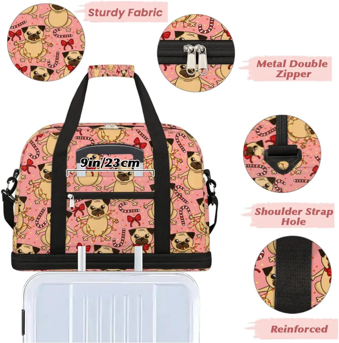 Cute Puupy Sports Gym Bag with Shoes Compartment Foldable Travel Duffel Bag Dry Wet Separated Sports Tote Workout Weekender Overnight Bag for Women Yoga Dance Work Training Handbag