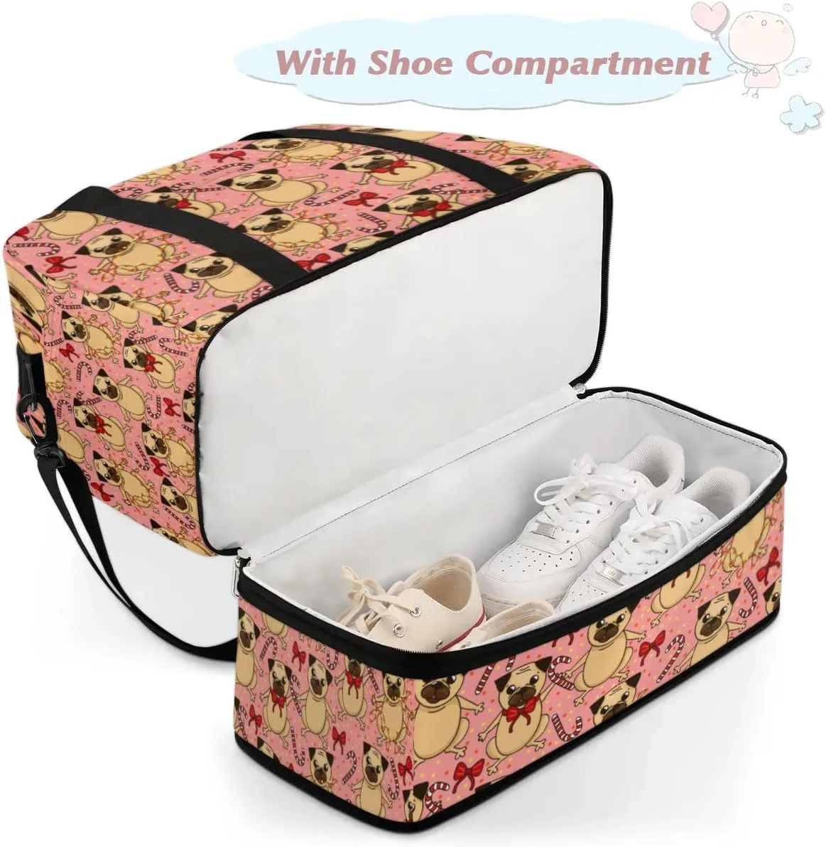 Cute Puupy Sports Gym Bag with Shoes Compartment Foldable Travel Duffel Bag Dry Wet Separated Sports Tote Workout Weekender Overnight Bag for Women Yoga Dance Work Training Handbag