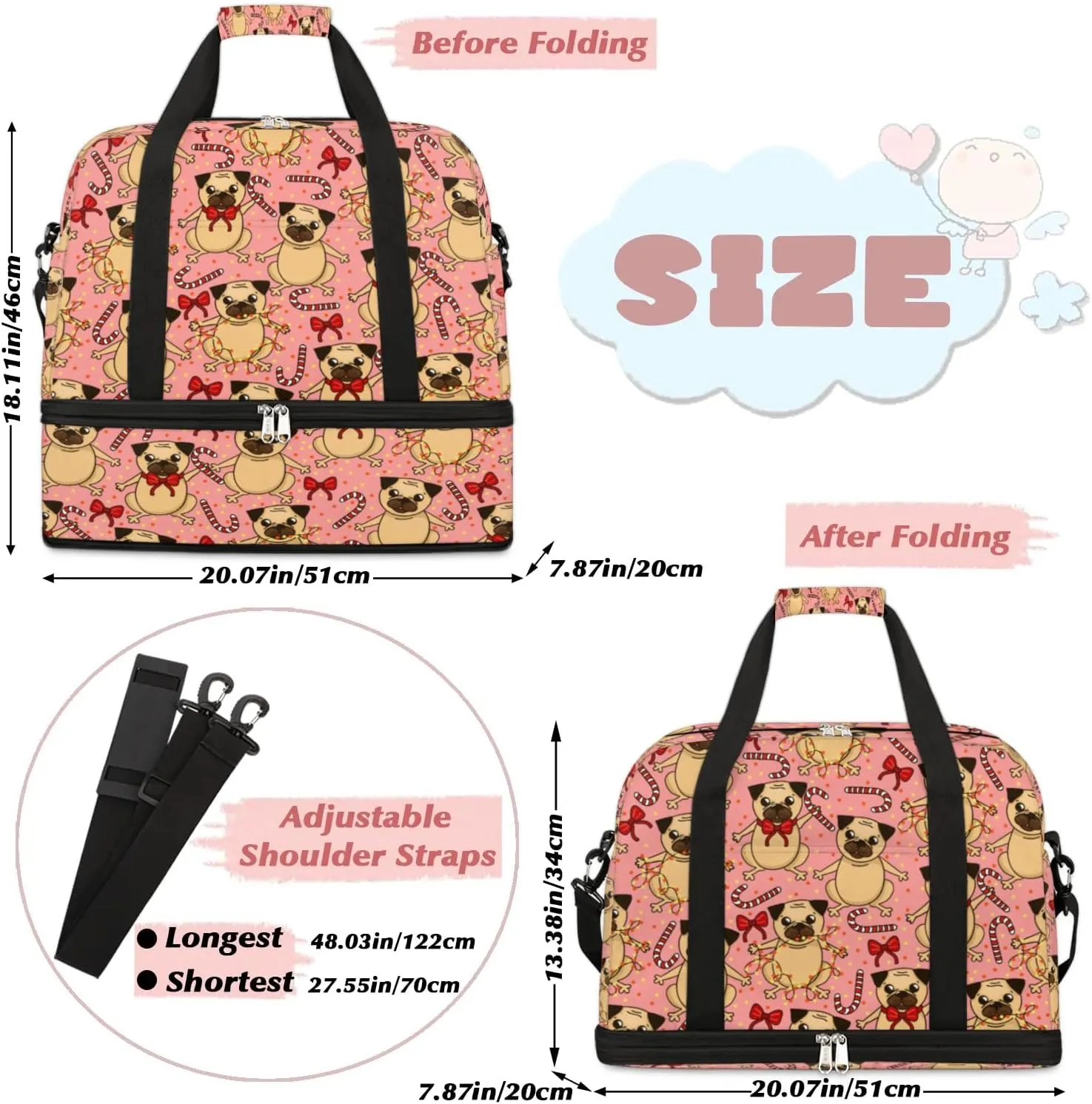 Cute Puupy Sports Gym Bag with Shoes Compartment Foldable Travel Duffel Bag Dry Wet Separated Sports Tote Workout Weekender Overnight Bag for Women Yoga Dance Work Training Handbag