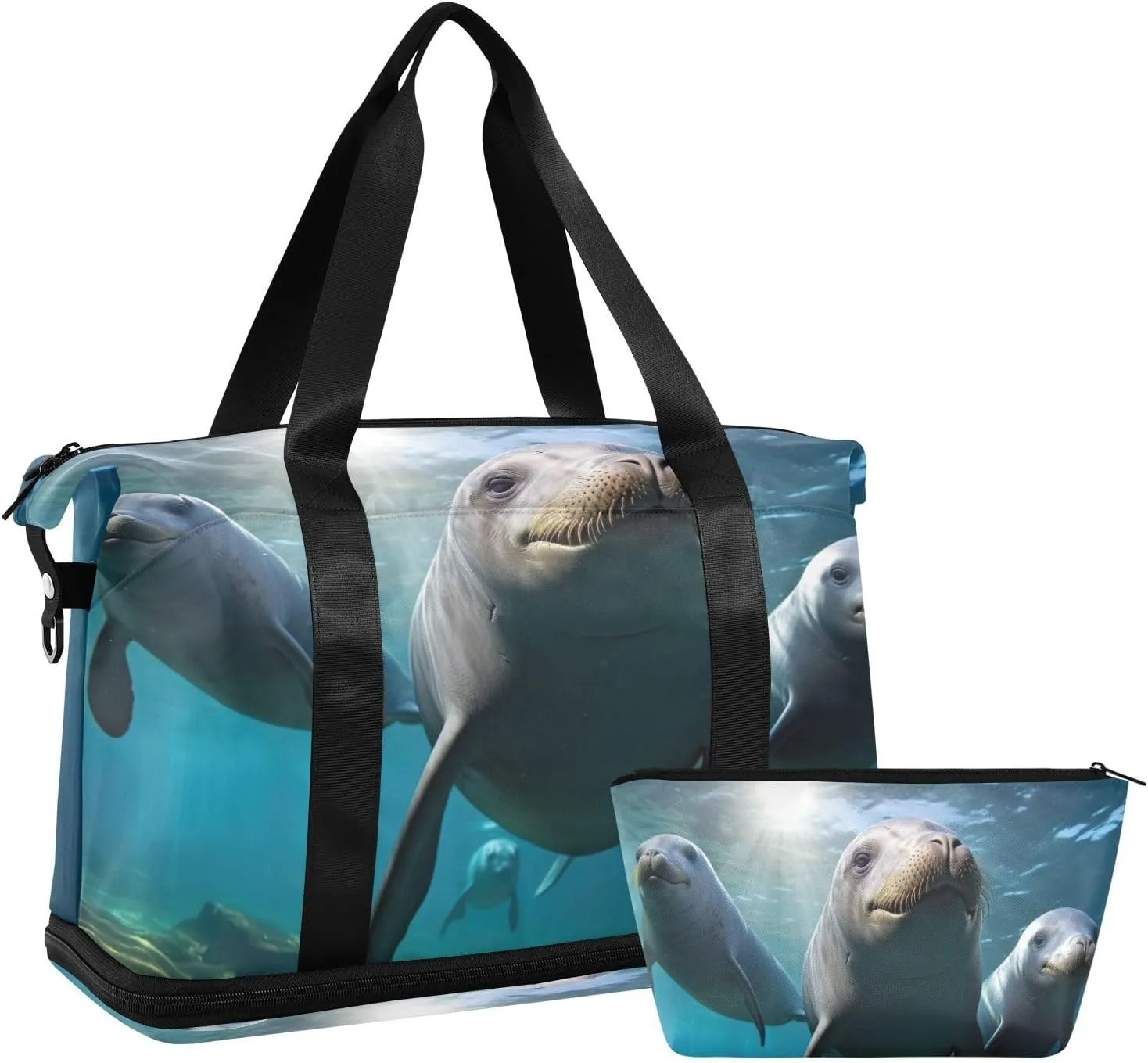 Cute Seals Duffel Bag Lightweight Carry On Gym Bags for Travel and Weekends, Versatile Overnight Bag with Shoe Compartment