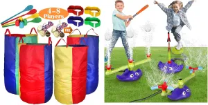 CWLAKON 4-in-1 Water Sprinkler Baseball & Rocket Launcher for Kids, Potato Sack Race Bags for Kids Adults, Egg Spoon Relay Race, 3 Legged Race Bands, Outdoor Summer Water Toys Sprinkler Field Day Game