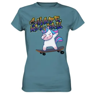 Dabbing Einhorn auf dem Skateboard Skate All Day Graffiti - Ladies Premium Shirt