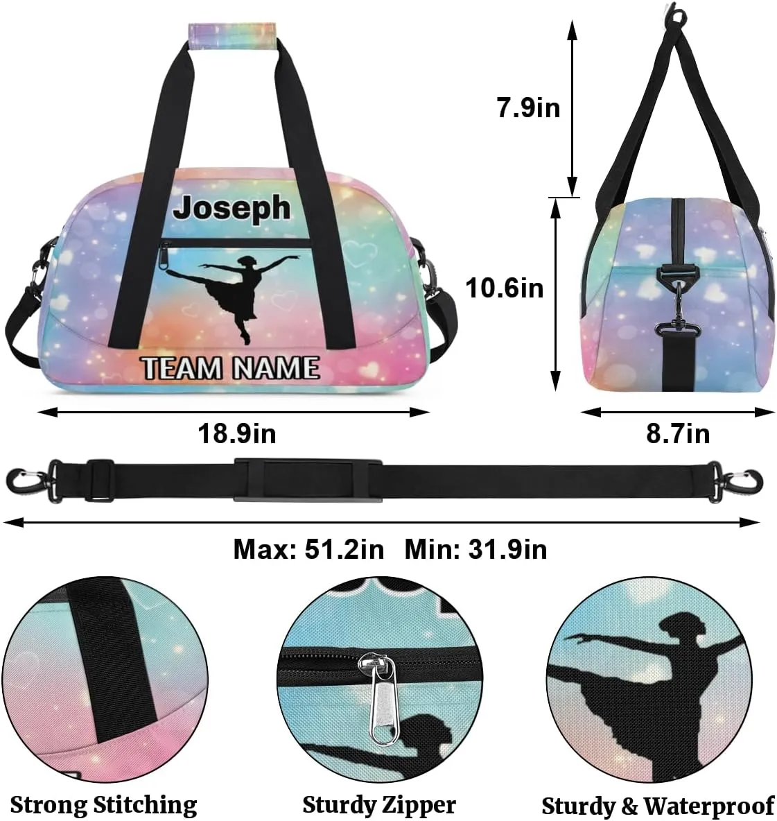 Dance Bag for Girls Personalized with Name Team Name Custom Kids Ballet Bag Teens Sports Gym Bag Travel Bag Yoga Bag