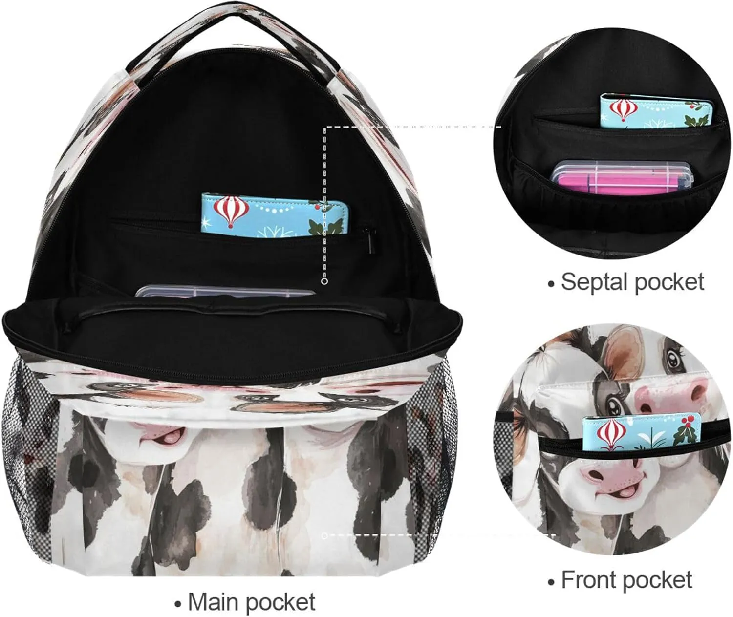 Day Backpack for Men and Women Fashion Stylish Travel Bags with Chest Strap for Travel Trip Cute Cow White