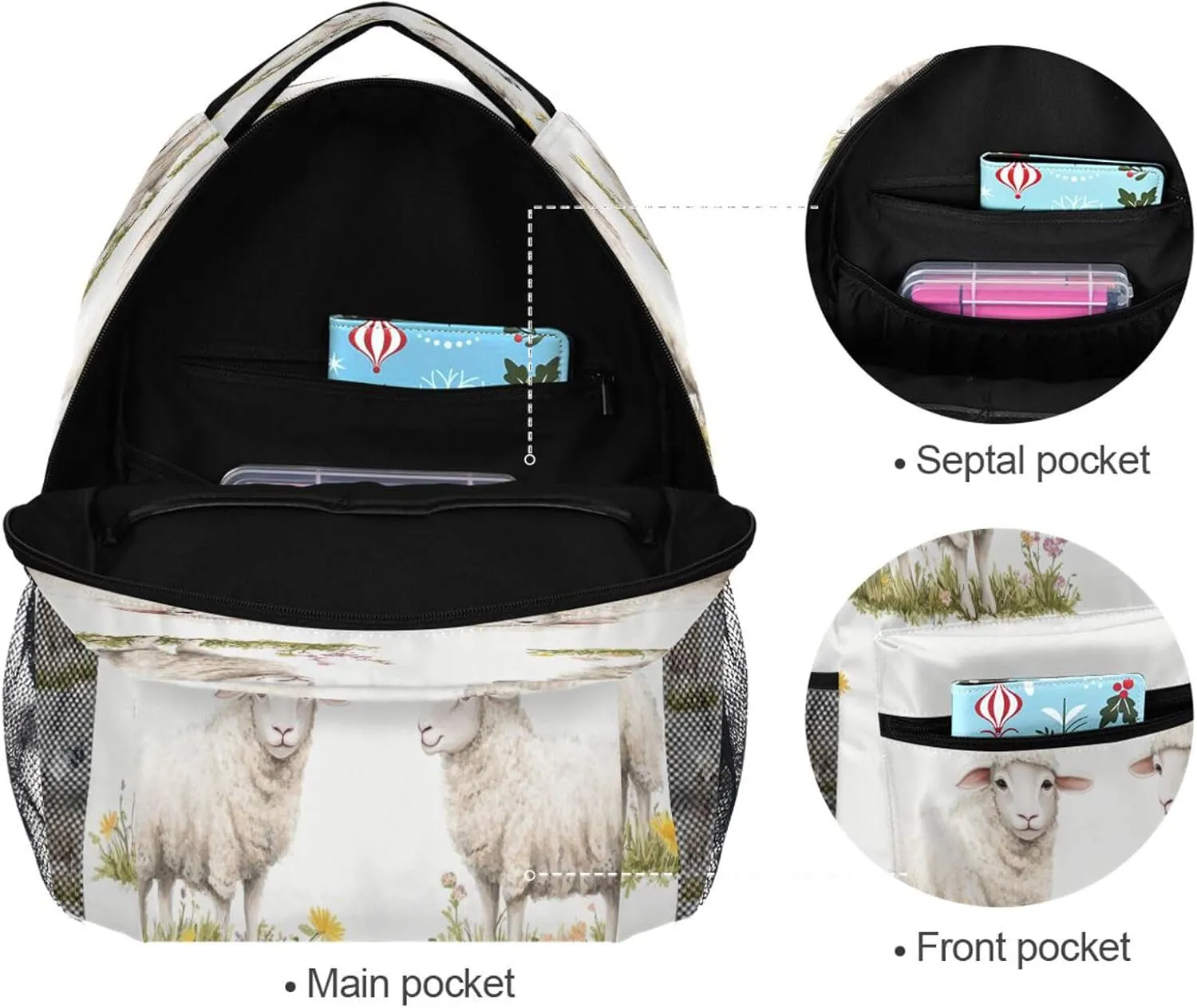 Day Backpack for Teens Boys Girls Fashion Personal Backpack with Chest Strap Gift Men & Women Chic Sheep White