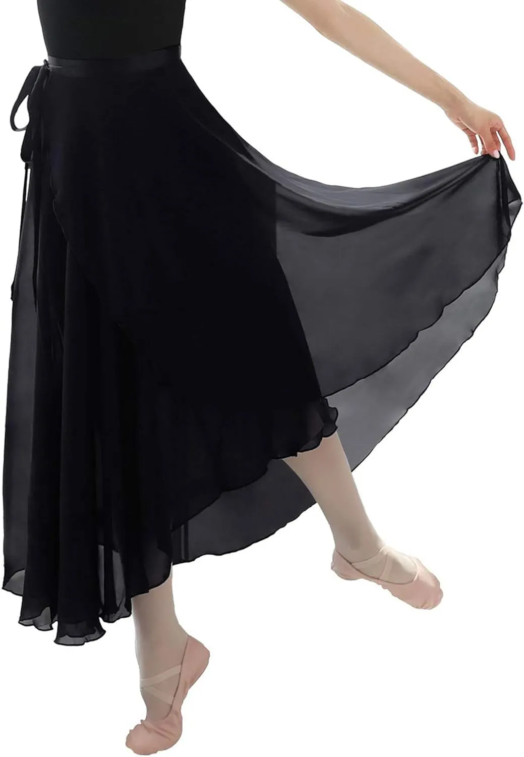 Daydance Women's Ballet Skirts Long Sheer Dance Skirts Black with Tie Waist