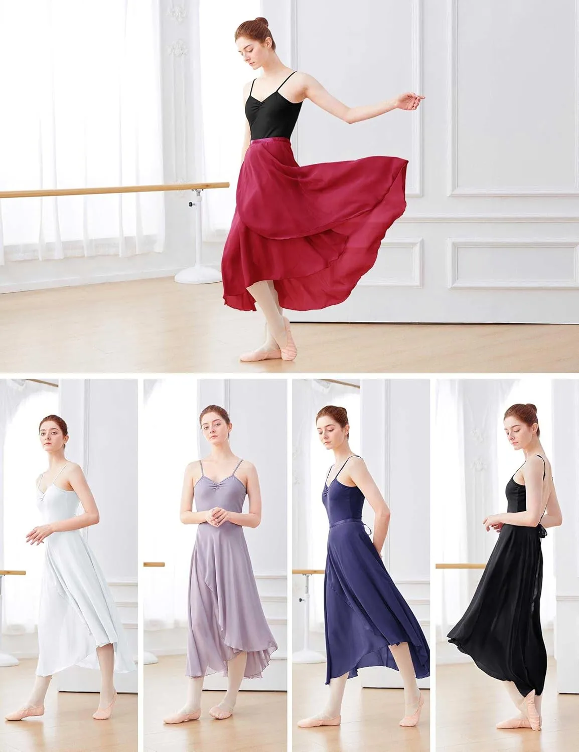 Daydance Women's Ballet Skirts Long Sheer Dance Skirts Black with Tie Waist