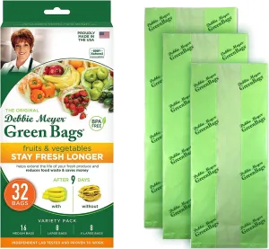 Debbie Meyer GreenBags 32-Pack (16M, 8L, 8XL) – Keeps Fruits, Vegetables, and Cut Flowers, Fresh Longer, Reusable, BPA Free, Made in USA