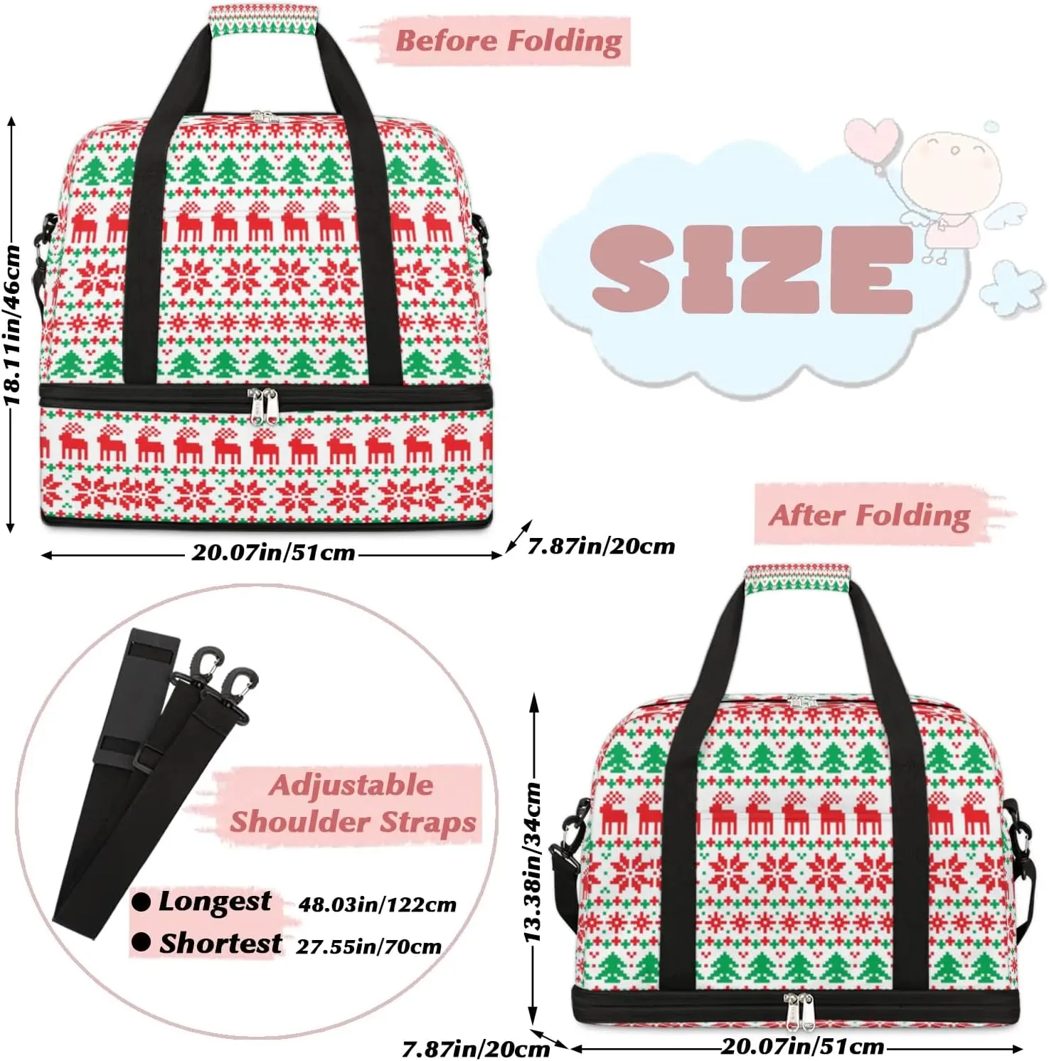 Deer Tree Pattern Sports Gym Bag with Shoes Compartment Foldable Travel Duffel Bag Dry Wet Separated Sports Tote Workout Weekender Overnight Bag for Women Yoga Dance Work Training Handbag