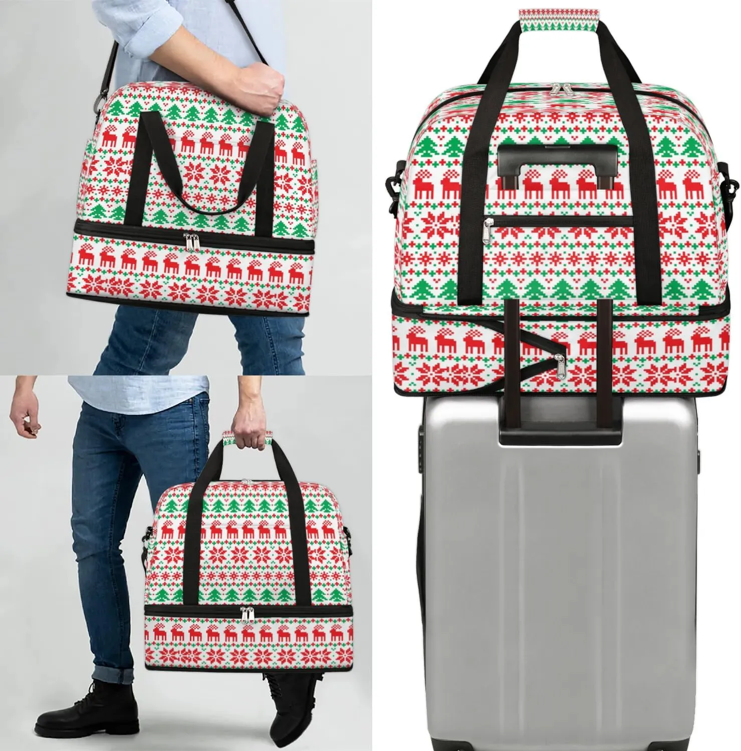 Deer Tree Pattern Sports Gym Bag with Shoes Compartment Foldable Travel Duffel Bag Dry Wet Separated Sports Tote Workout Weekender Overnight Bag for Women Yoga Dance Work Training Handbag
