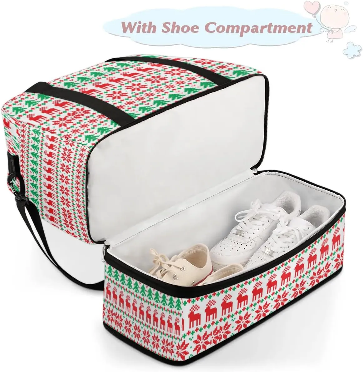 Deer Tree Pattern Sports Gym Bag with Shoes Compartment Foldable Travel Duffel Bag Dry Wet Separated Sports Tote Workout Weekender Overnight Bag for Women Yoga Dance Work Training Handbag